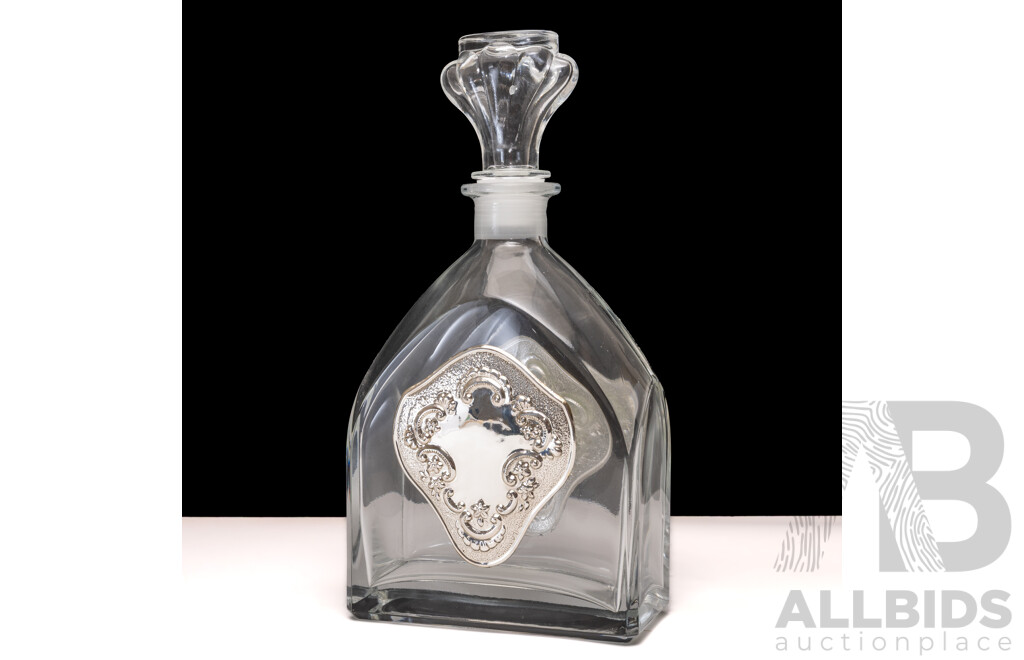 Vintage Glass Decanter Possibly Luigi Bormioli with Sterling Silver Cartouch Front & Back, 26cm Tall
