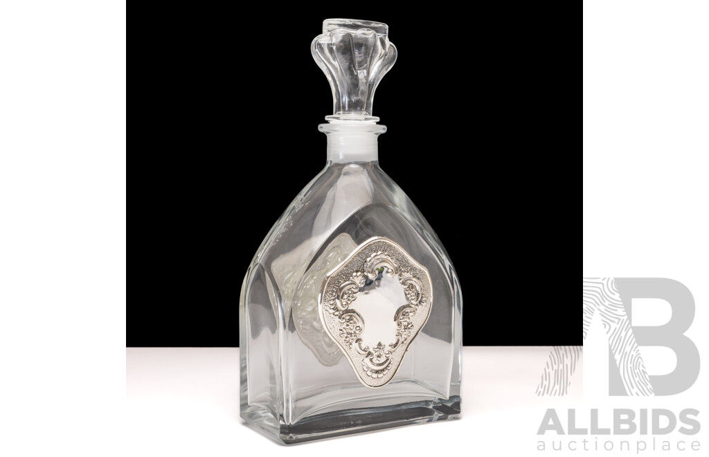 Vintage Glass Decanter Possibly Luigi Bormioli with Sterling Silver Cartouch Front & Back, 26cm Tall