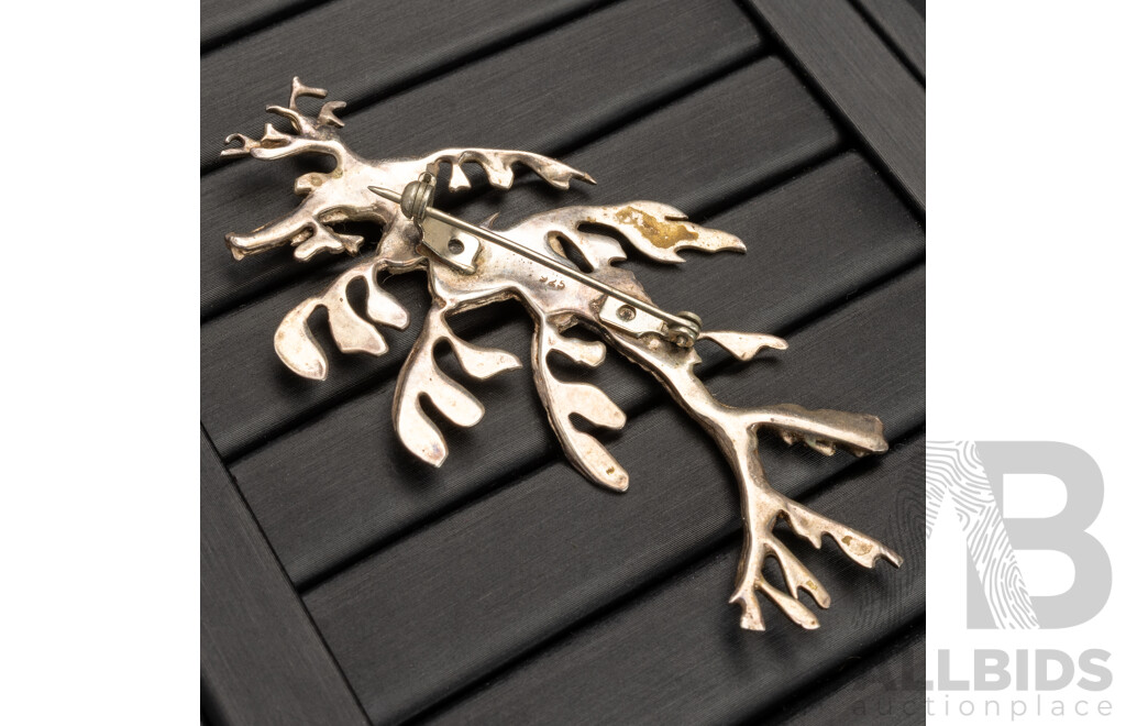 Sterling Silver Weedy Sea Dragon Seahorse Brooch, 70mm, 15.07 Grams