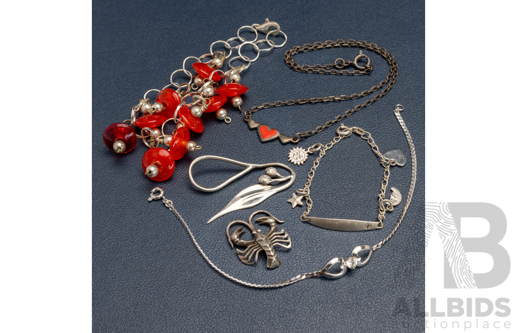 Collection of Sterling Silver Bracelets & Necklace Including Murano Charm Style Bracelet, 25.0 Grams