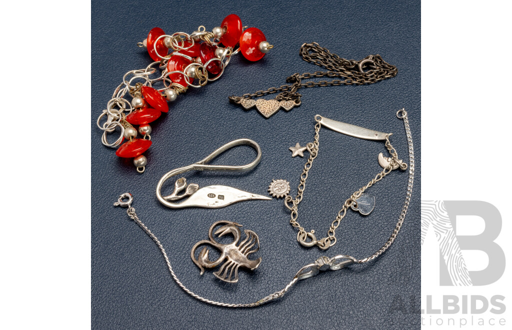 Collection of Sterling Silver Bracelets & Necklace Including Murano Charm Style Bracelet, 25.0 Grams