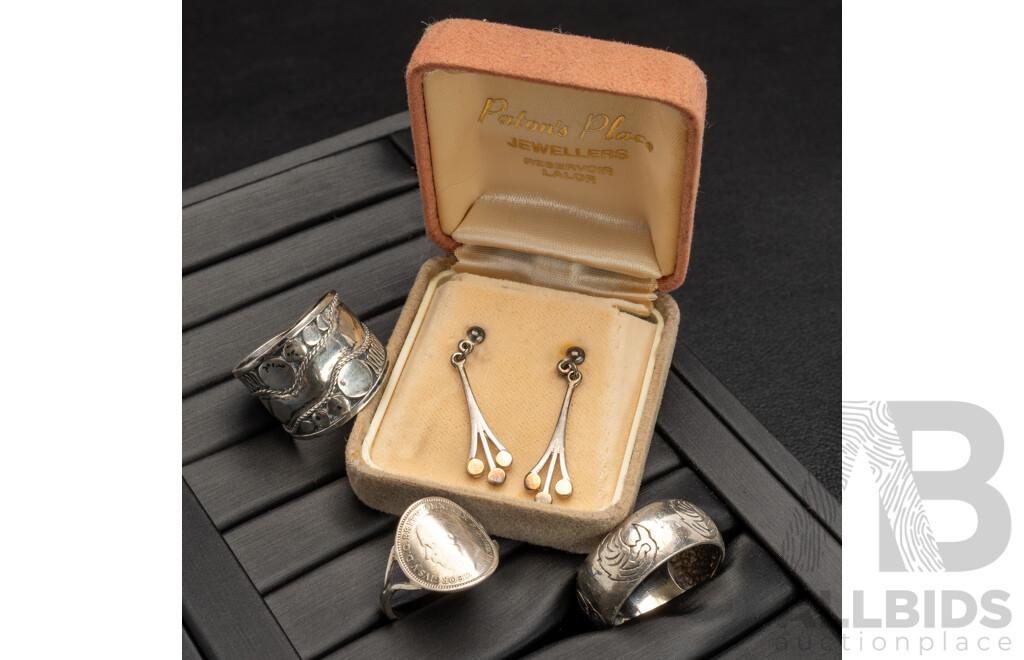 Sterling Silver Drop Stud Earrings & (3) Sterling Silver Rings, 15.20 Grams