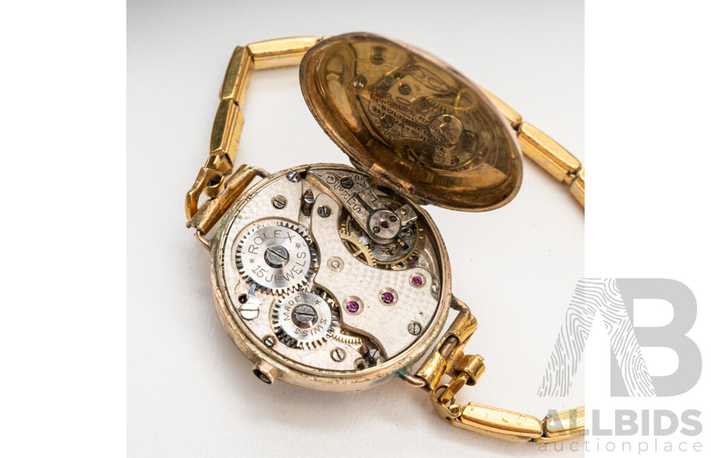 9ct Rolex Antique Art Deco 15 Jewels Ladies Watch, for Restoration, with Gold Tone Band, 17.84 Grams