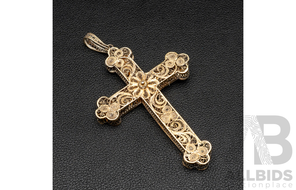 Vintage Silver Large Filigree Cross Pendant, 90mm, 13.06 Grams