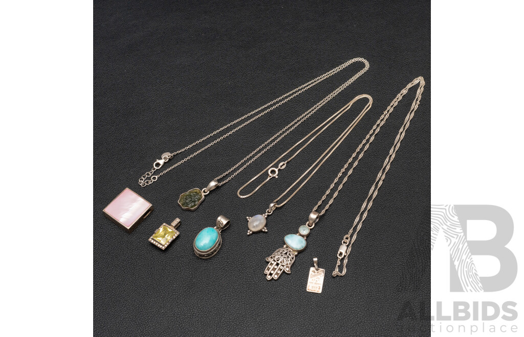 Collection of Sterling Silver Pendants and Necklaces, Including Gemstones, 36.45 Grams