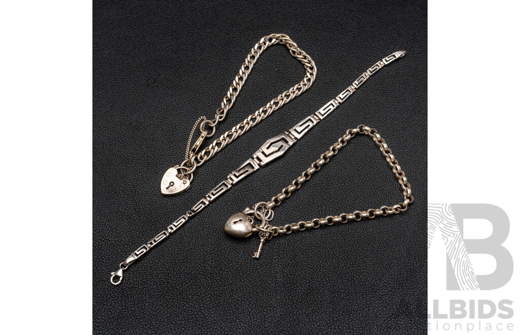 Sterling Silver Belcher Link Heart Padlock Bracelet & (2) Other Sterling Silver Bracelets, 35.52 Grams