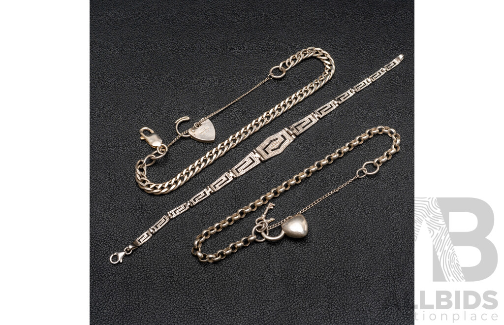 Sterling Silver Belcher Link Heart Padlock Bracelet & (2) Other Sterling Silver Bracelets, 35.52 Grams