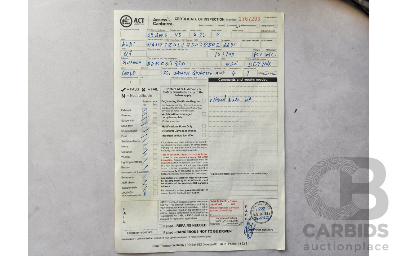 9/2006 Audi Q7 4.2 FSI Quattro  4d Wagon Gold 4.2L