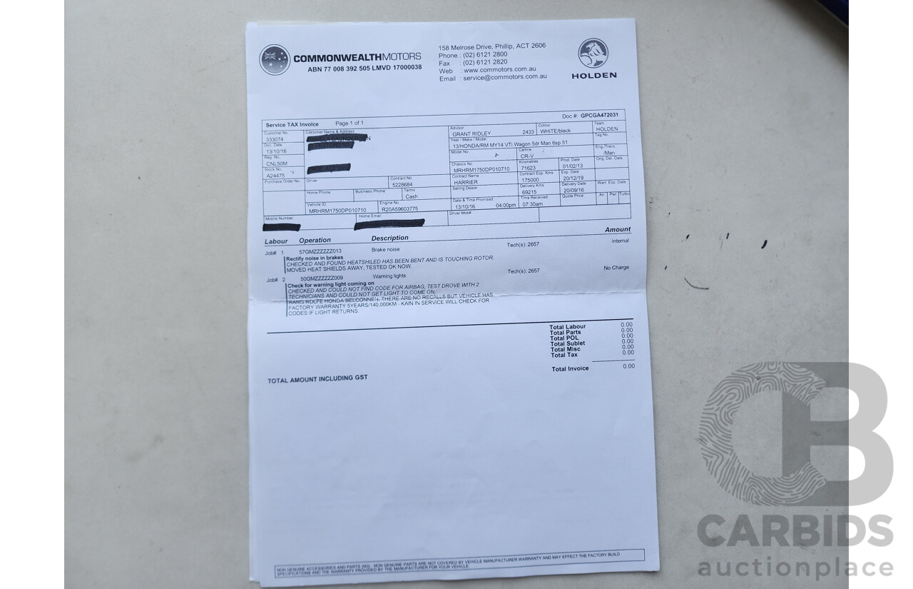 5/2013 Honda CRV VTi (4x2) 30 4d Wagon White 2.0L