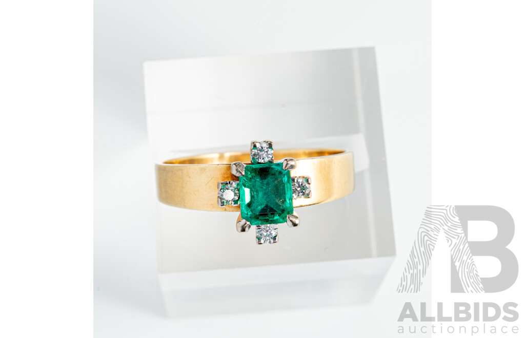 18ct Vintage A&C Natural Emerald and Diamond Ring, E0.50CT/TDW0.15CT, Size R, 4.69 Grams