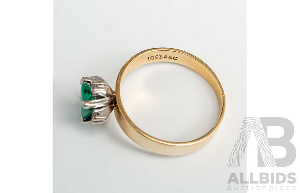 18ct Vintage A&C Natural Emerald and Diamond Ring, E0.50CT/TDW0.15CT, Size R, 4.69 Grams