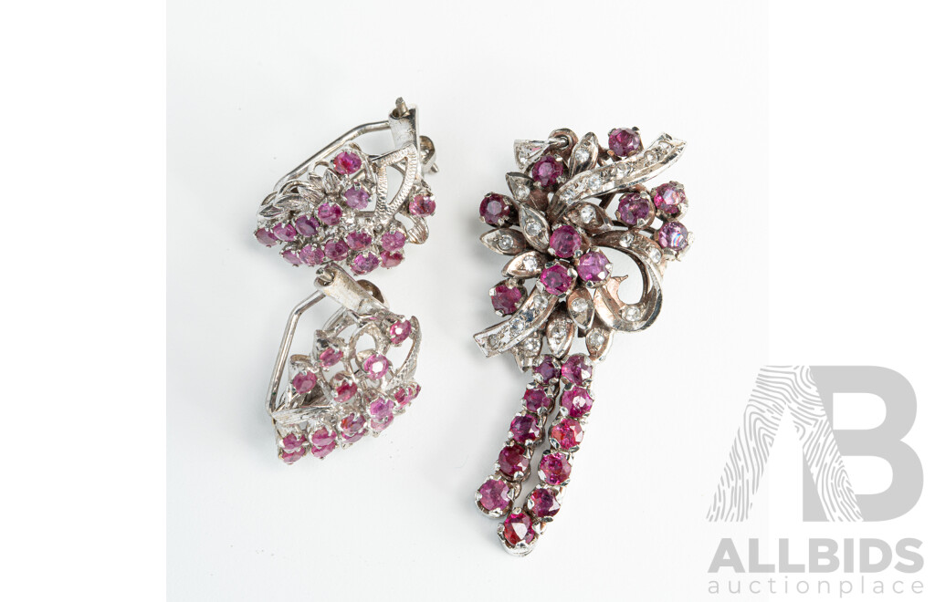 Vintage Sterling Silver Ruby & White Topaz Pendant/Brooch and Matching Sterling Silver Ruby Clip on Earrings, 12.66 Grams