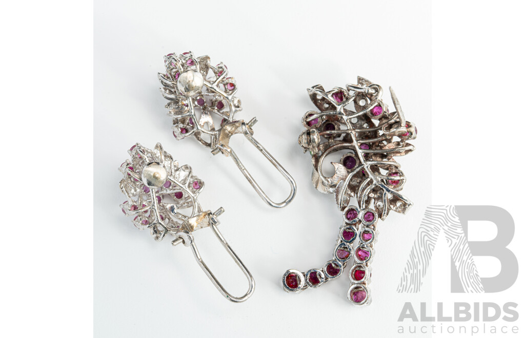 Vintage Sterling Silver Ruby & White Topaz Pendant/Brooch and Matching Sterling Silver Ruby Clip on Earrings, 12.66 Grams