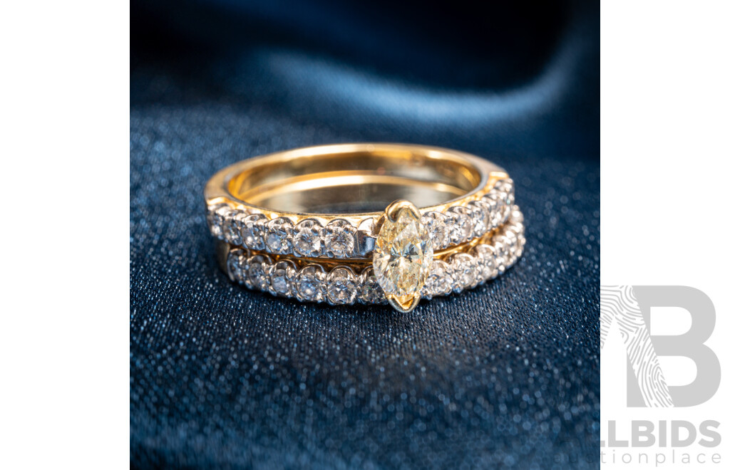 18ct Ellendale Yellow Diamond (0.40ct) Engagement Ring with Matching Wedder, TDW 0.80ct, Size P, 8.13 Grams