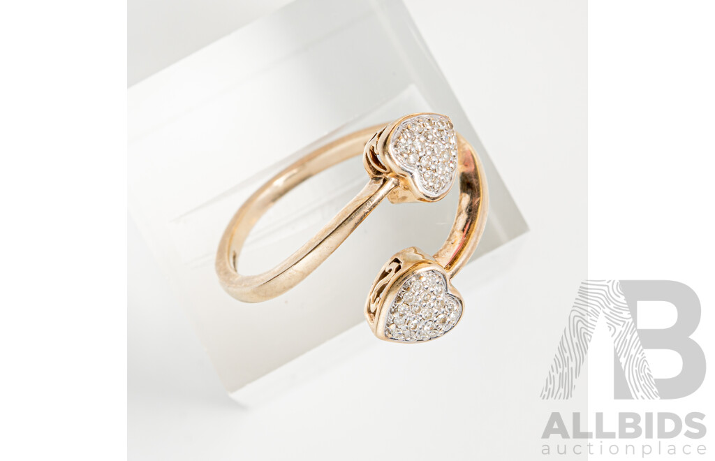 9ct Diamond Set Double Heart Ring with Split Band, TDW0.20ct, Size O, 2.60 Grams