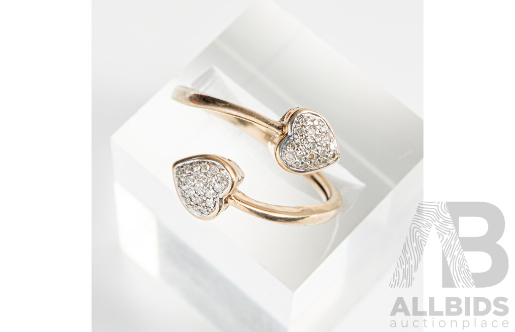 9ct Diamond Set Double Heart Ring with Split Band, TDW0.20ct, Size O, 2.60 Grams