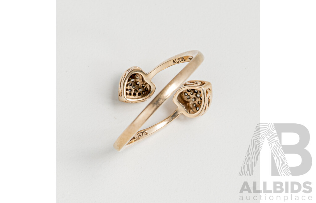 9ct Diamond Set Double Heart Ring with Split Band, TDW0.20ct, Size O, 2.60 Grams