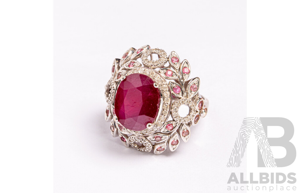 14ct Diamond, Ruby & Ceylon Sapphire Cocktail Ring, R11.0ct/TDW0.75ct/S0.73ct, Size R, 13.39 Grams