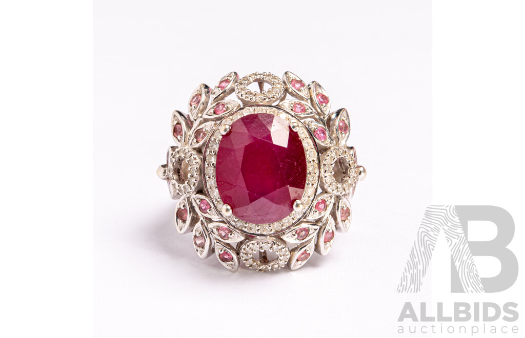 14ct Diamond, Ruby & Ceylon Sapphire Cocktail Ring, R11.0ct/TDW0.75ct/S0.73ct, Size R, 13.39 Grams