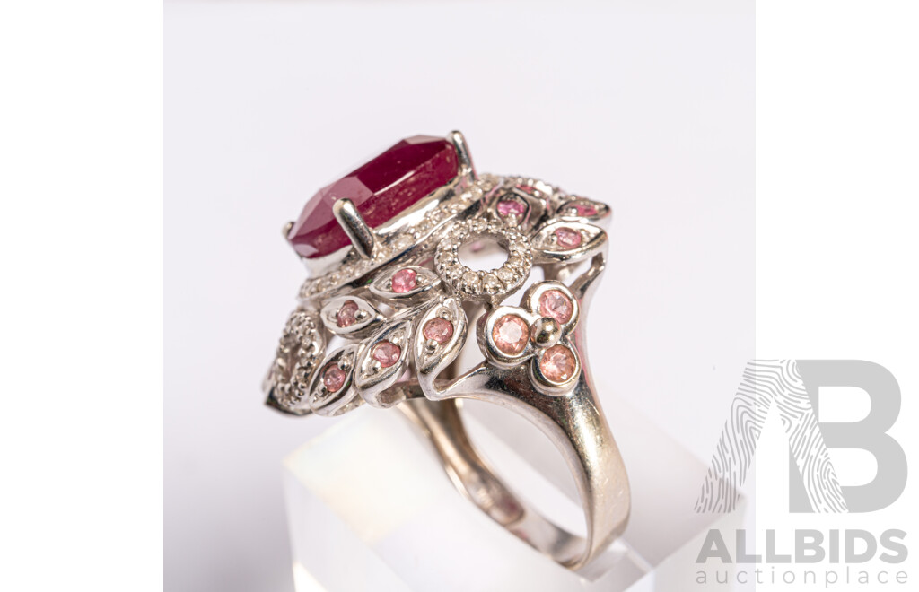 14ct Diamond, Ruby & Ceylon Sapphire Cocktail Ring, R11.0ct/TDW0.75ct/S0.73ct, Size R, 13.39 Grams