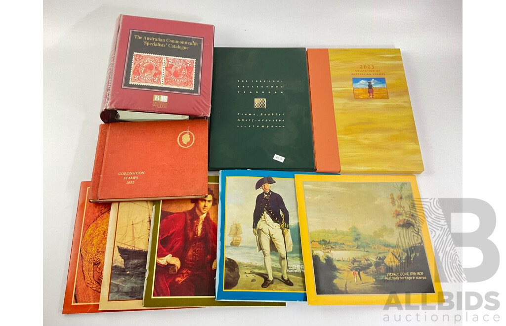 Collection of Australian Philately Including 1990/91 Collectors Years Book 2003 Collection Album, 1988 Heritage Albums, Australian Commonwealth Specialists Catalogue, 1953 Commonwealth Coronation Stamps