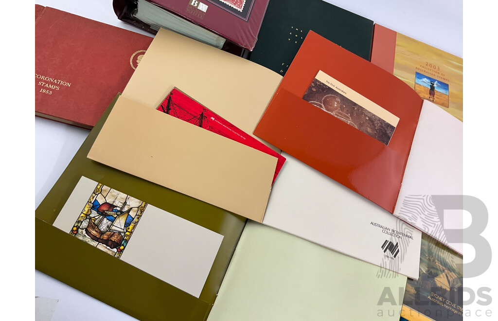 Collection of Australian Philately Including 1990/91 Collectors Years Book 2003 Collection Album, 1988 Heritage Albums, Australian Commonwealth Specialists Catalogue, 1953 Commonwealth Coronation Stamps