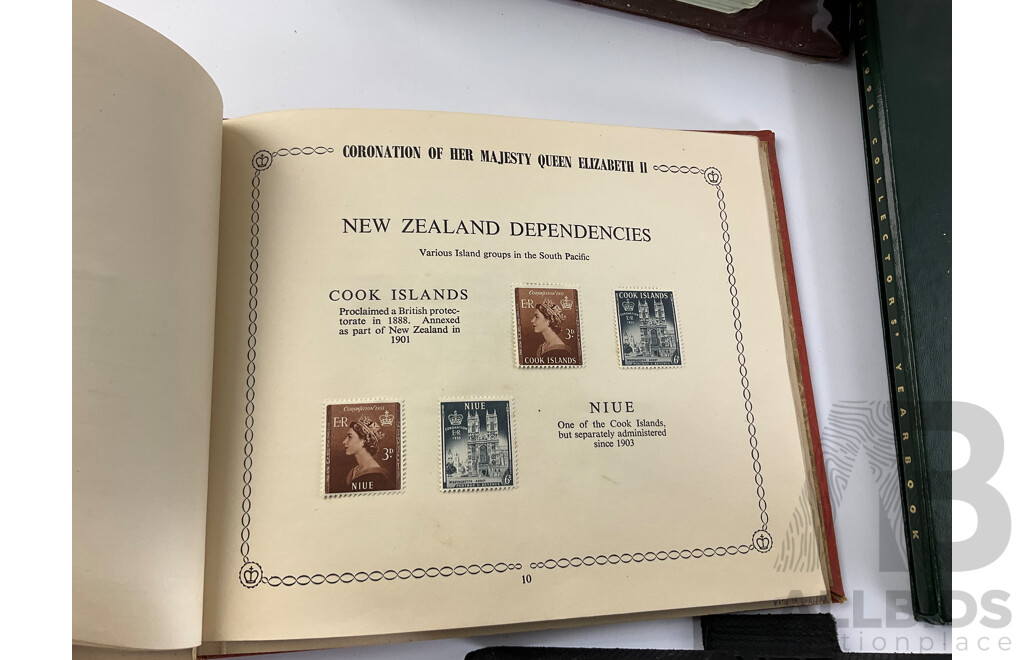 Collection of Australian Philately Including 1990/91 Collectors Years Book 2003 Collection Album, 1988 Heritage Albums, Australian Commonwealth Specialists Catalogue, 1953 Commonwealth Coronation Stamps