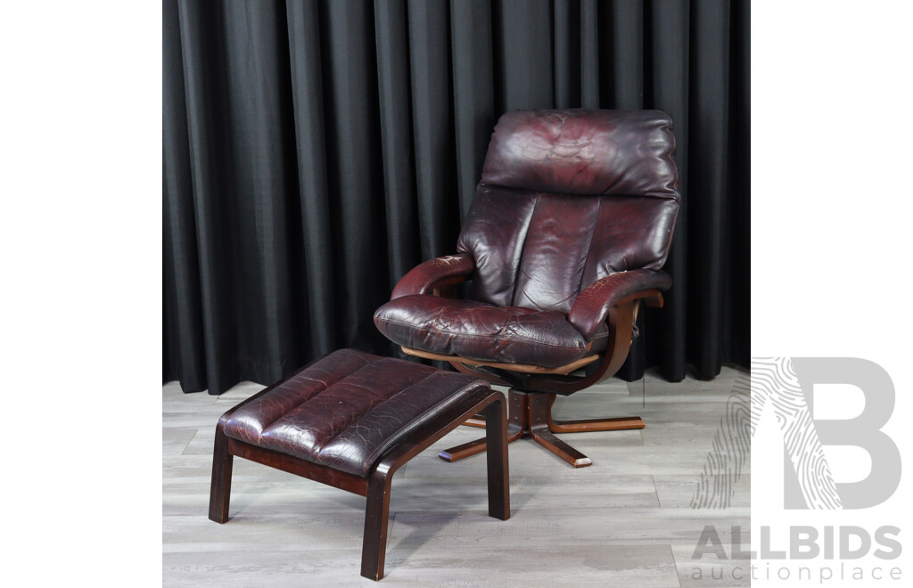 Leather Upholstered Armchair and Footstool by Fred Lowen for Tessa