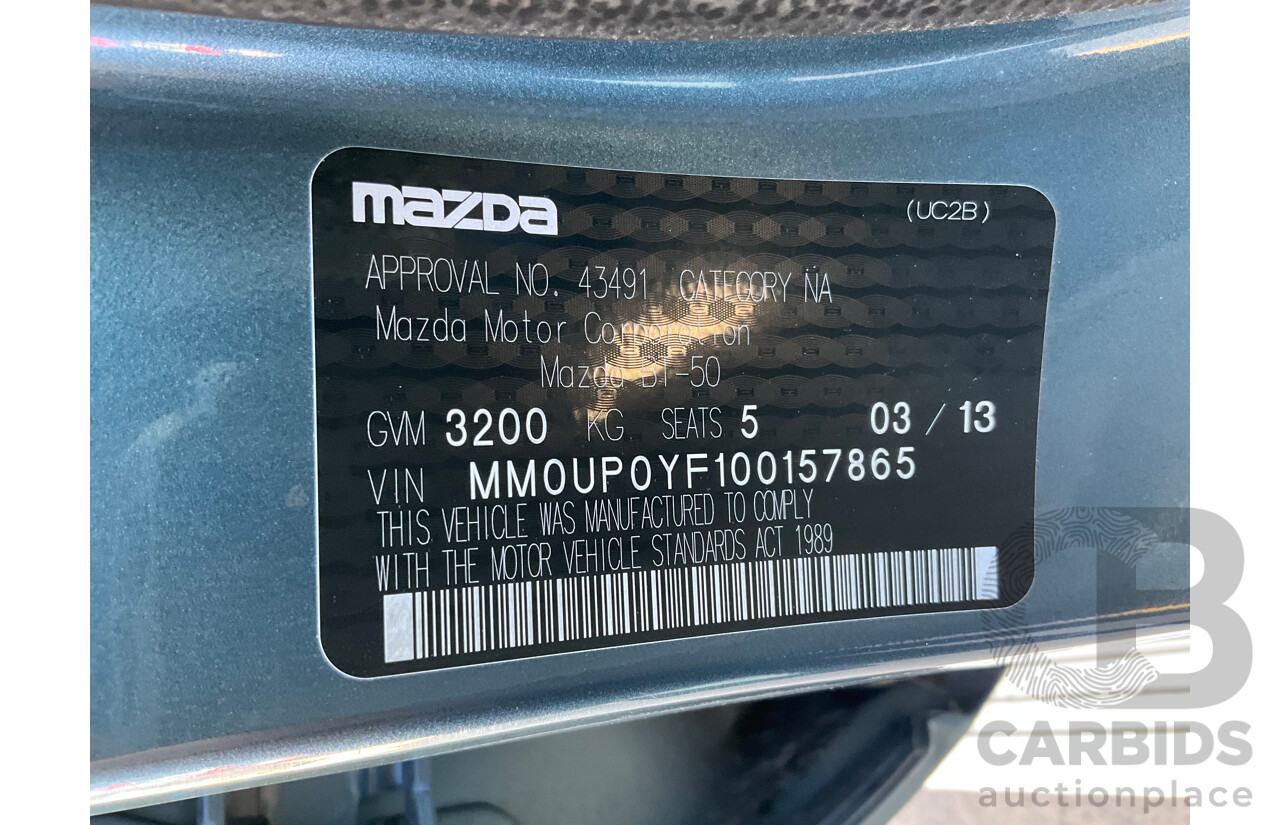 3/2013 Mazda BT-50 XTR Hi-Rider (4x2) Dual Cab Utility Gunmetal Blue Turbo Diesel 3.2L