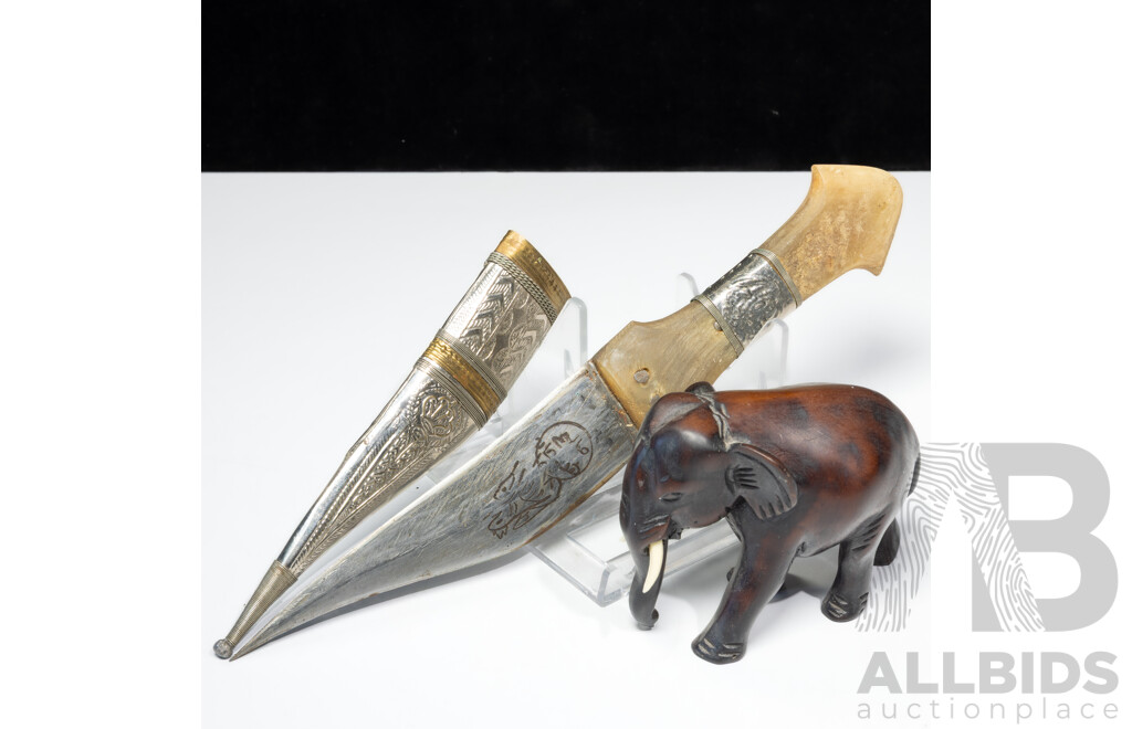 Interesting Dagger with Horn Handle, Brass & Metal Repousse Sheath Along with Hand Carved Ebony Elephant Figure