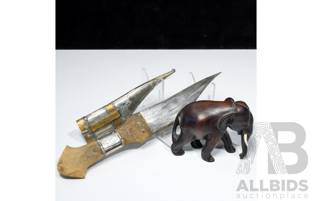 Interesting Dagger with Horn Handle, Brass & Metal Repousse Sheath Along with Hand Carved Ebony Elephant Figure