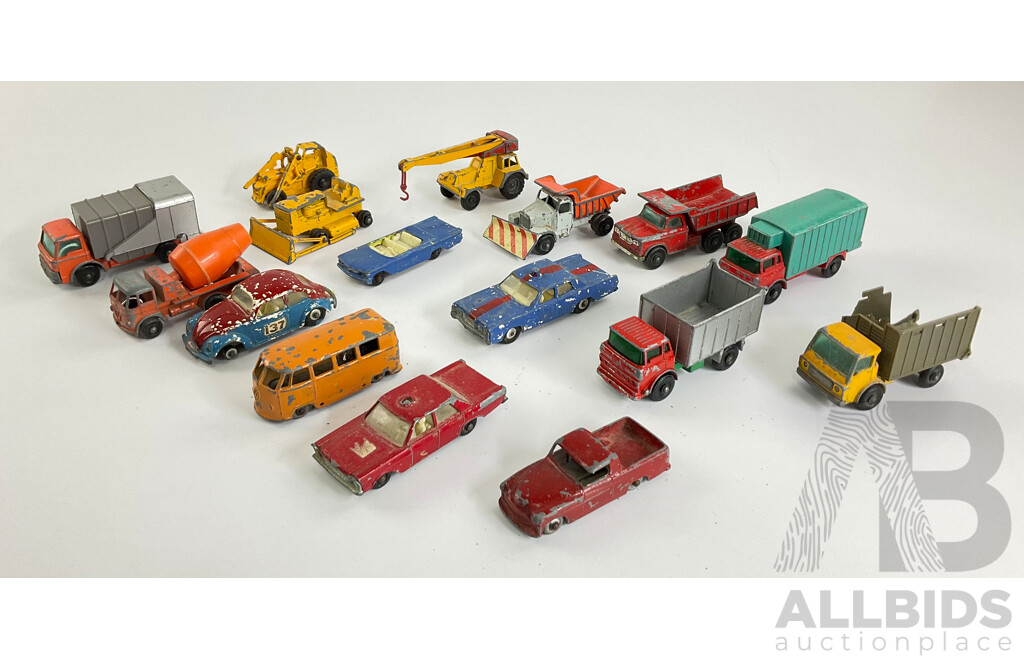 Collection of Vintage Diecast Matchbox Vehicles Including VW, Trucks and Tractors