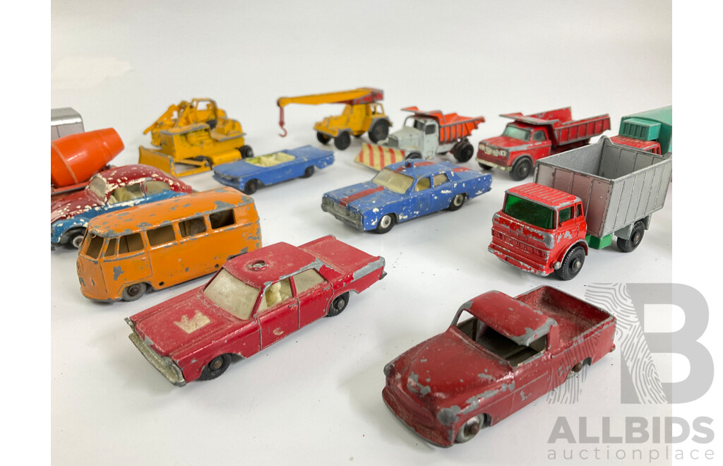 Collection of Vintage Diecast Matchbox Vehicles Including VW, Trucks and Tractors