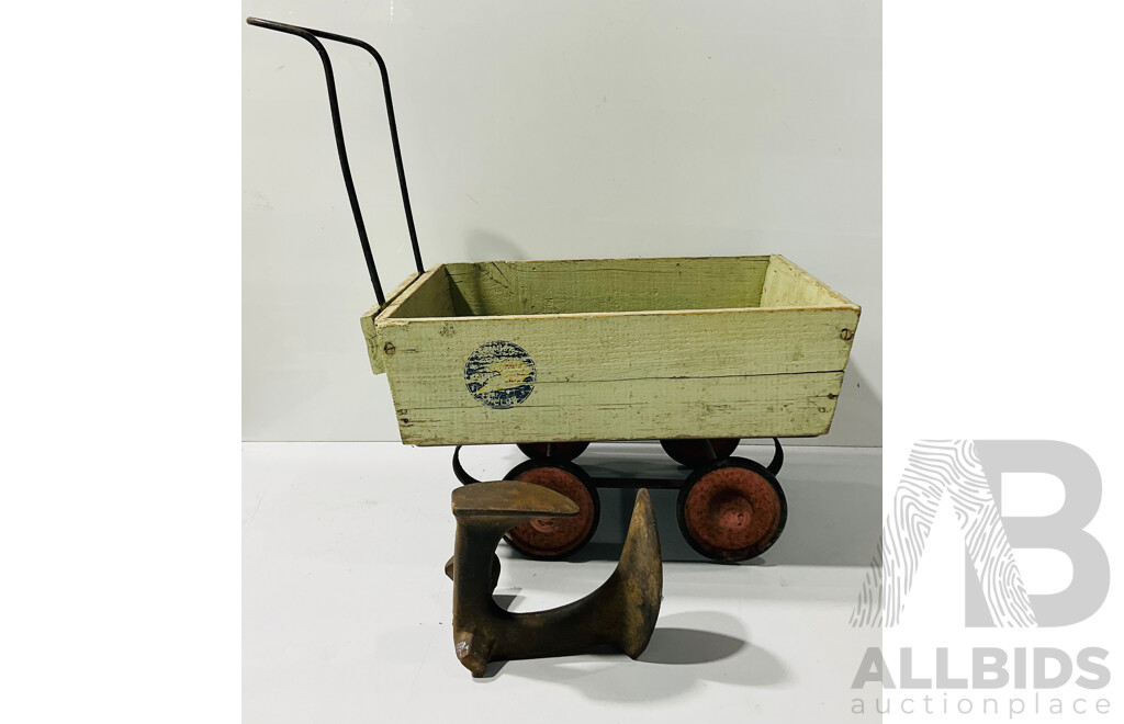 Vintage Timber Childs Trolley with Cast Iron Cobblers Anvil