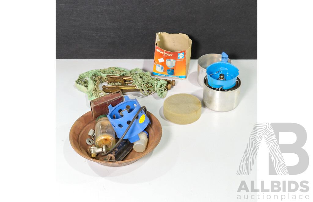 Vintage Hanging Scales, Steel Dish, Craving 'A' Cigarette Case, Brass Clamp Table Tennis Net, Globe Trotter Camping Stove