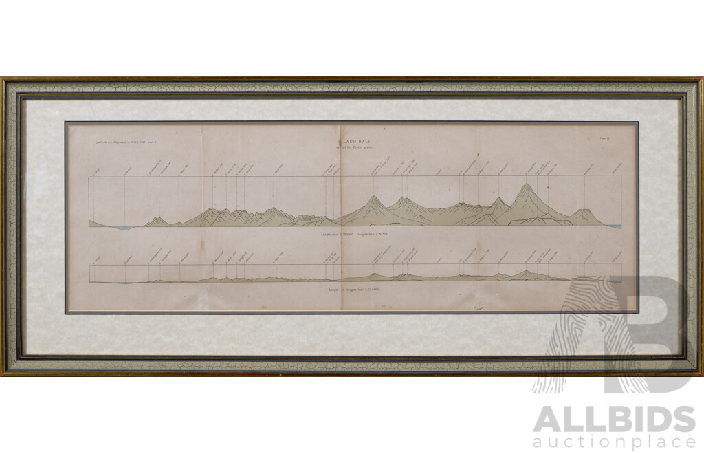 Antique Dutch Map, Eiland Bali Van Uit Het Zuiden Gezien, [Island Bali Seen From the South] (1917), Paper and Pigment, 36 x 84 cm (frame)