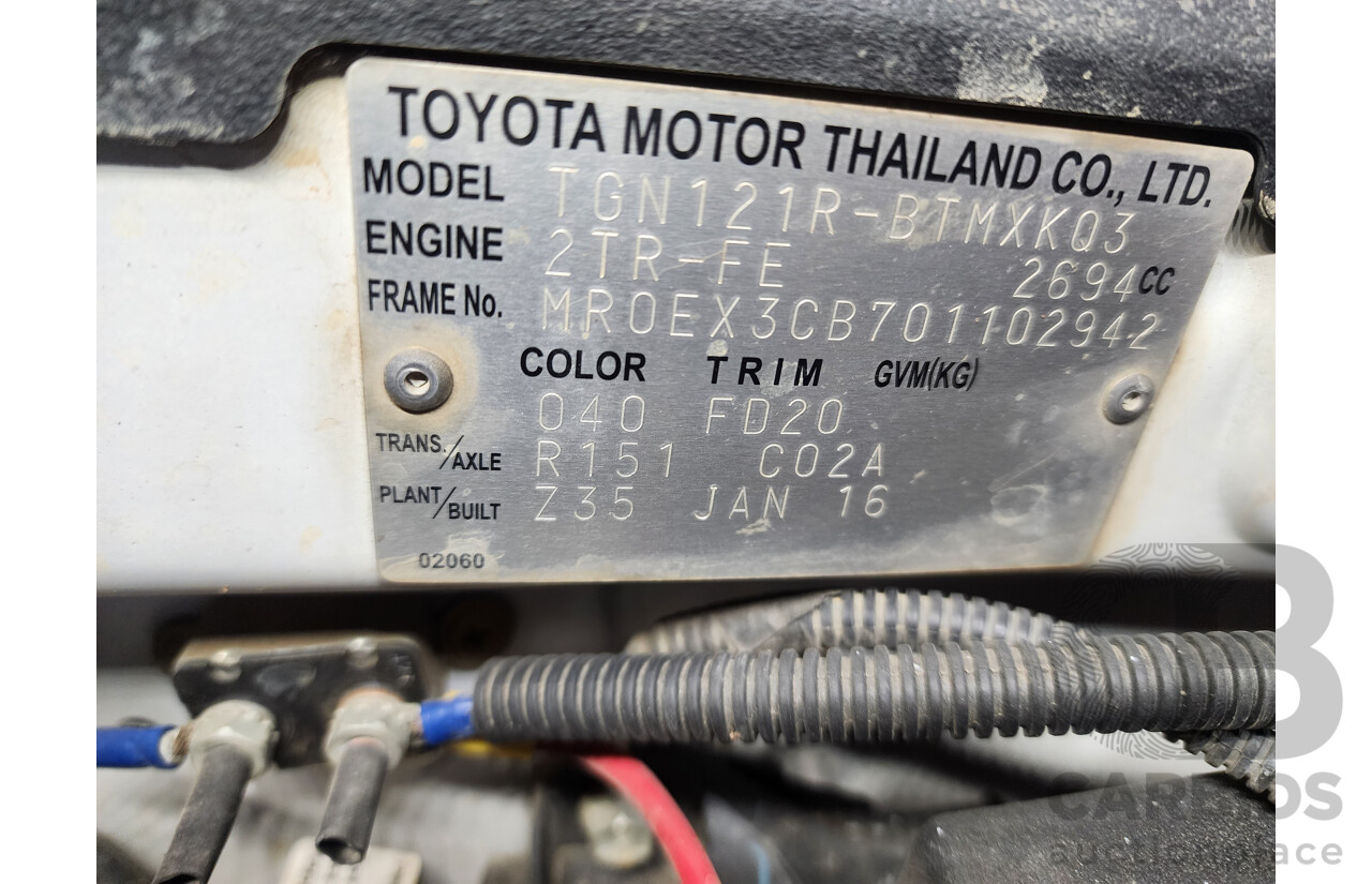 2/2016 Toyota Hilux Workmate TGN121R MY16 C/Chas with Alloy Tray White 2.7L