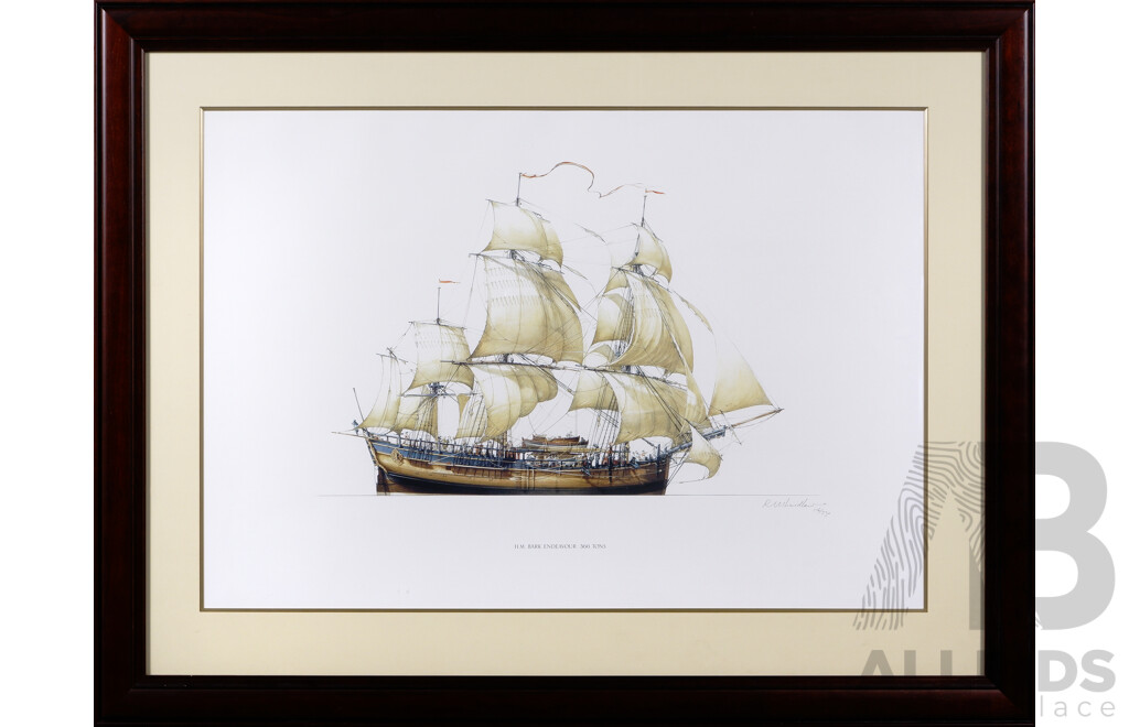 Ross H. Shardlow, (Australian, 1950-), H.M. Bark Endeavour. 366 Tons, Colour Reproduction Copy of the Original, Pen, Ink and Watercolour, 87 x 113 cm (frame)