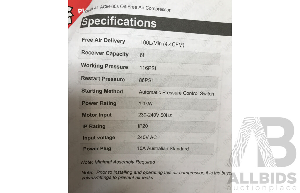 UniMac (ACM-60s) 6L Portable Electric Air Compressor