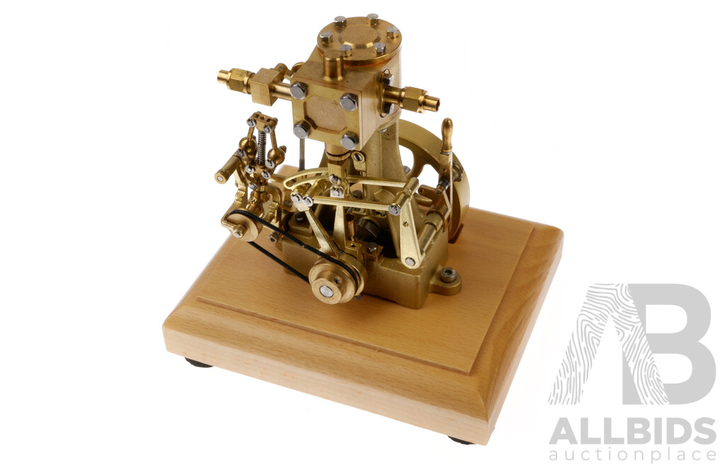Exquisite Brass Steam Engine, Single Cylinder with Centrifugal Governor on Timber Mount