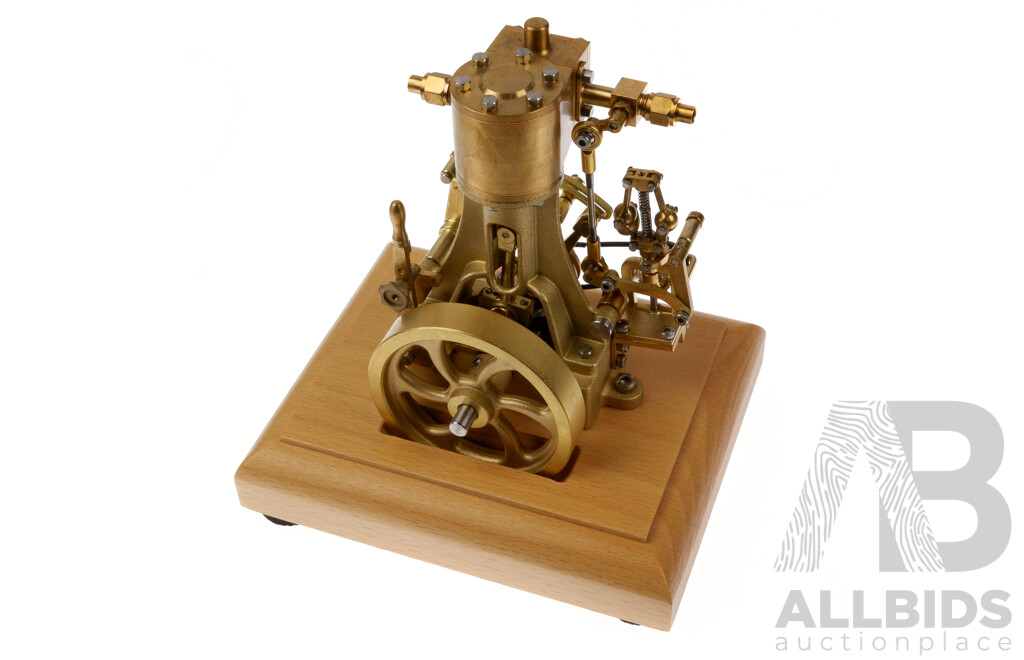 Exquisite Brass Steam Engine, Single Cylinder with Centrifugal Governor on Timber Mount