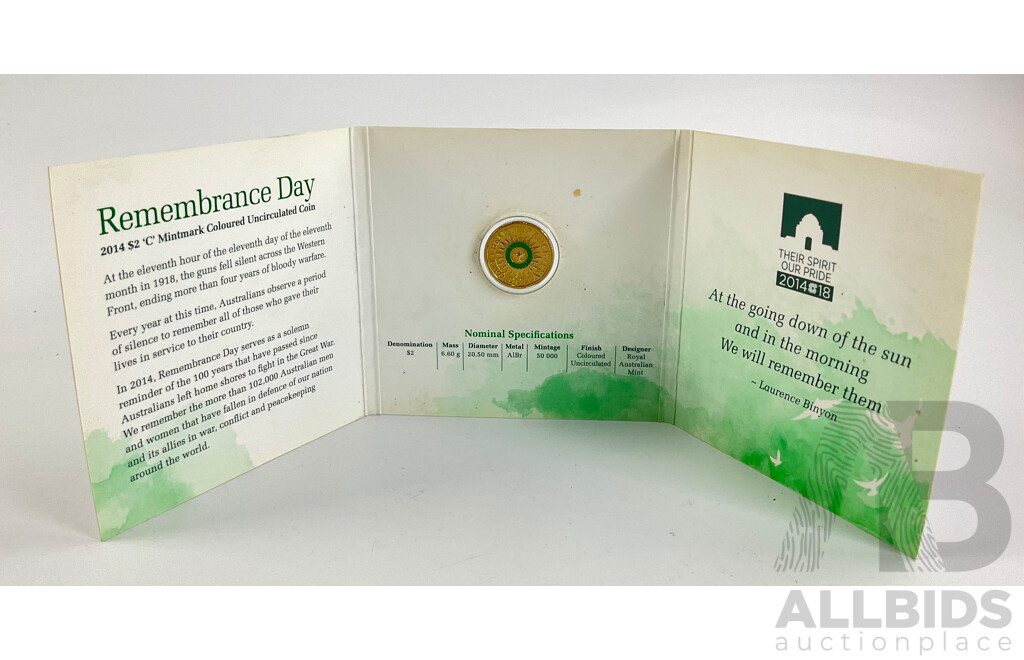 Australian RAM 2014 Two Dollar Coin, Remembrance Day 'C' Mint Mark