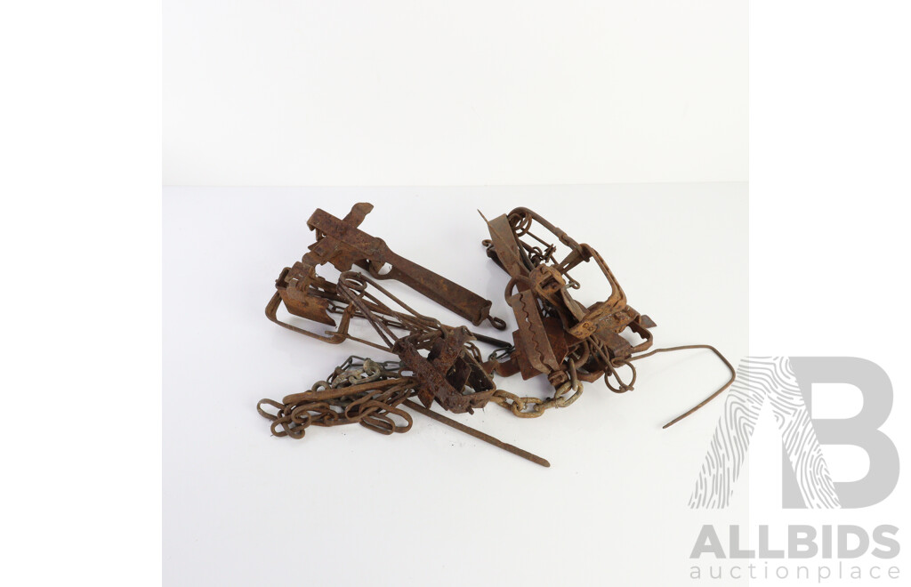 Collection of Six Vintage Metal Rabbit Traps