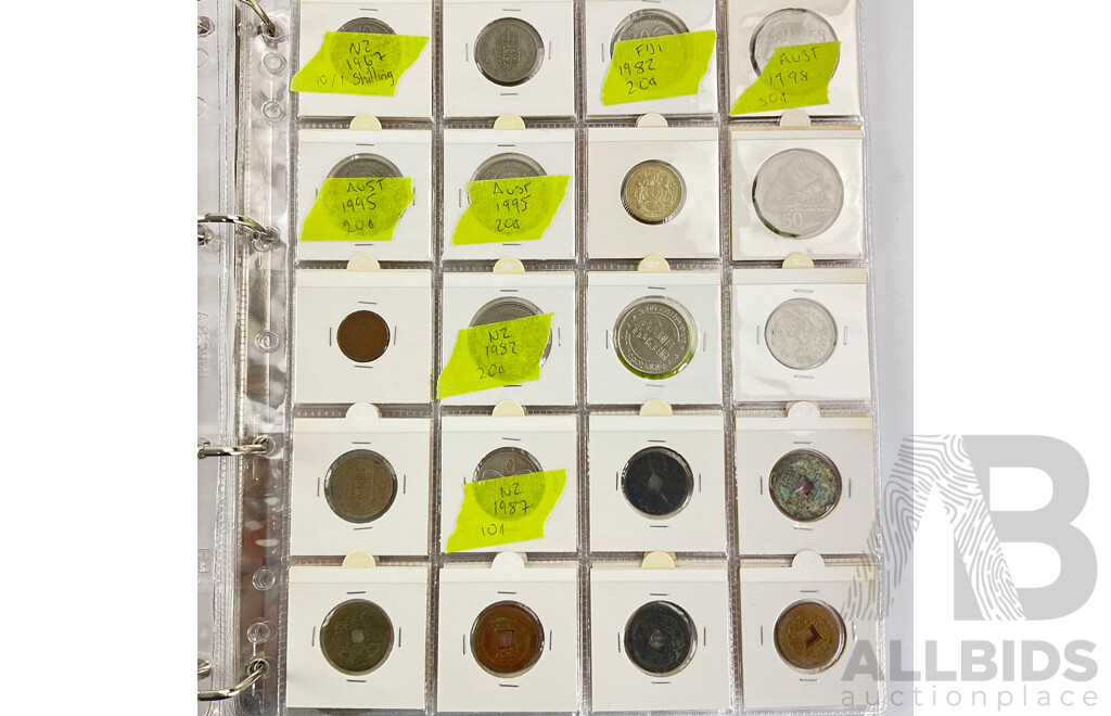 Album of International Coins and Tokens Including Australia Predecimal, USA, New Zealand, Kenya, Fiji, Hong Kong