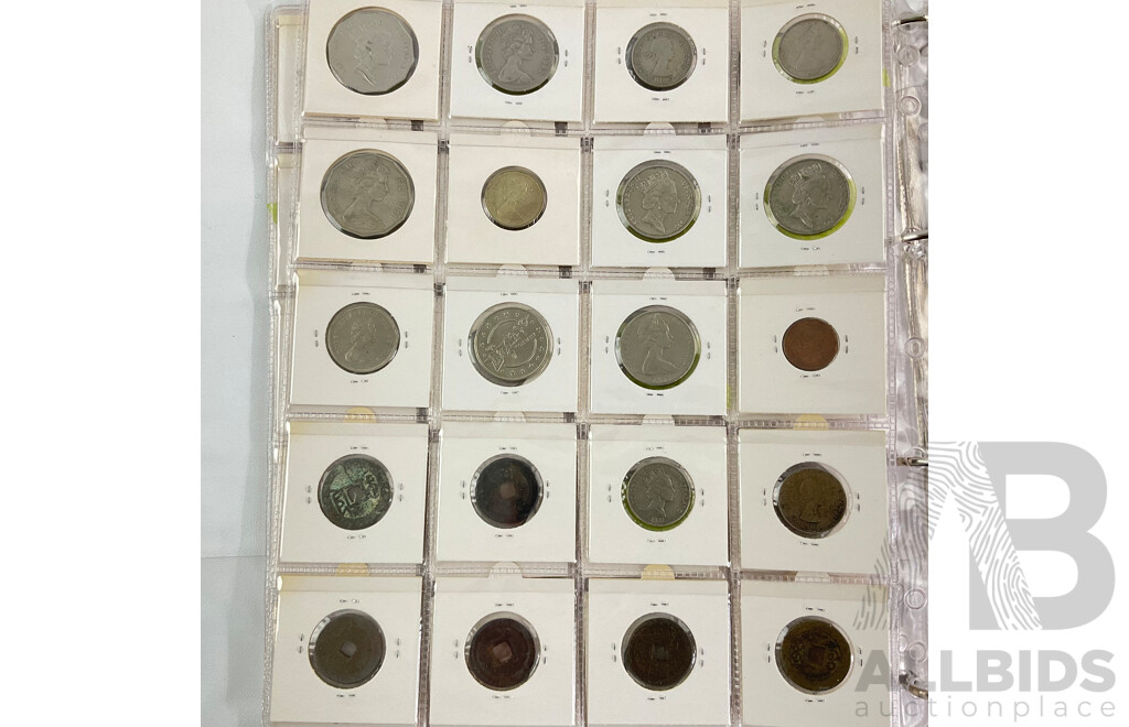 Album of International Coins and Tokens Including Australia Predecimal, USA, New Zealand, Kenya, Fiji, Hong Kong