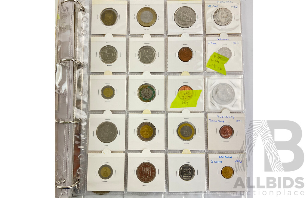 Album of International Coins and Tokens Including Australia Predecimal, USA, New Zealand, Kenya, Fiji, Hong Kong