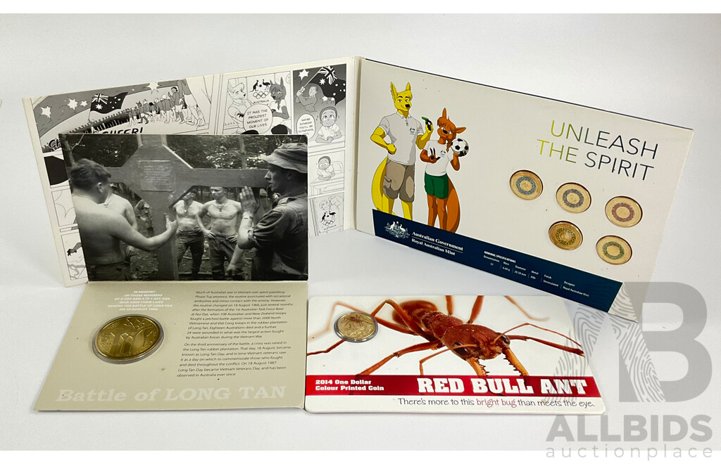 Australian RAM UNC Coins Including 2016 Five Dollar Battle of Long Tan, 2020 Two Dollar Unleash the Spirit, 2014 One Dollar Red Bull Ant