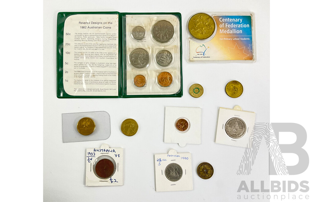 Australian 1982 UNC Coin Set, One Dollars 2000 Victorian Cross and 2014 Terra Australis, 2016 Two Dollar Olympics, 2001 Twenty Cent Federation, Centenary Federation Medallion