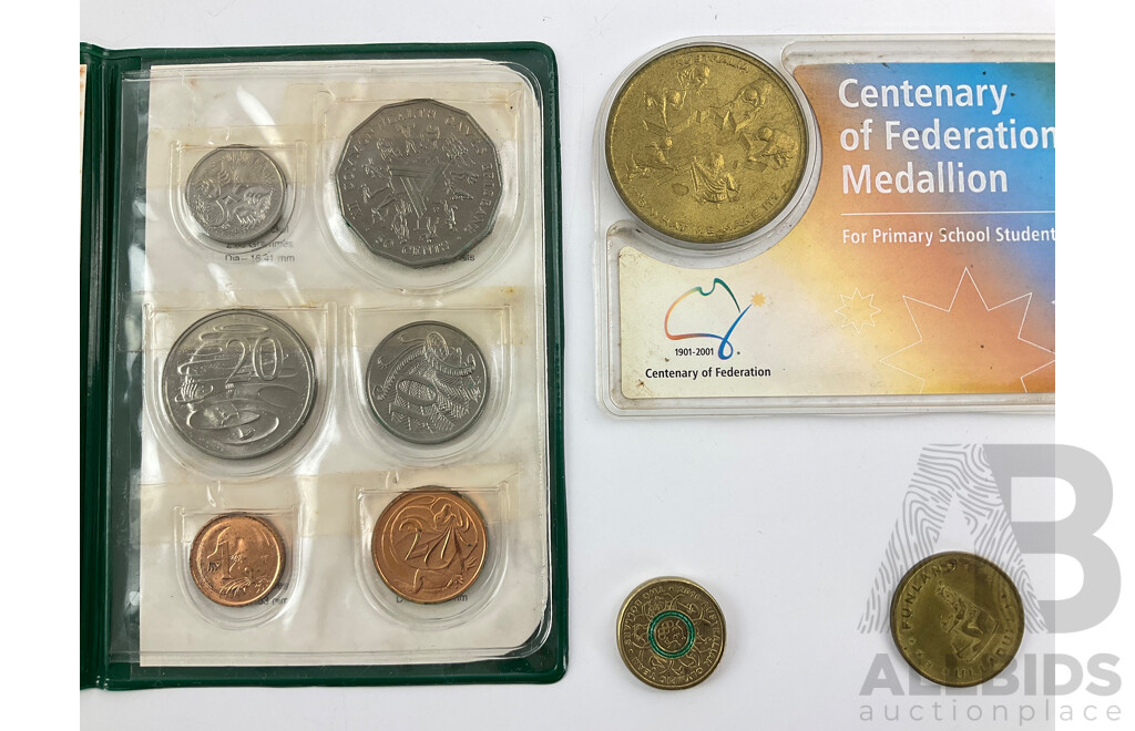 Australian 1982 UNC Coin Set, One Dollars 2000 Victorian Cross and 2014 Terra Australis, 2016 Two Dollar Olympics, 2001 Twenty Cent Federation, Centenary Federation Medallion