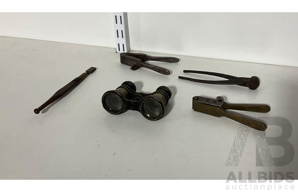 Two Vintage 36 Caliber Bullet Mold Tools with Pellet Mold Tool and Antique Binoculars